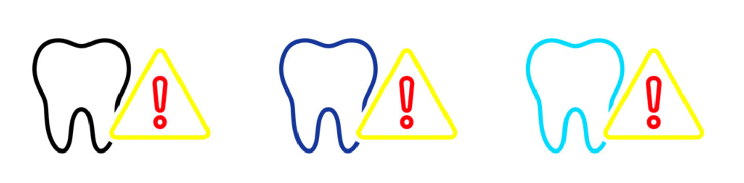 Set of tooth icons with yellow warning signs and red exclamation marks