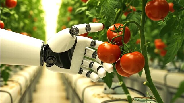 Robotic hand carefully touching ripe red tomatoes growing on vines inside modern greenhouse, showcasing smart farming technology, automated agriculture, precise robotic harvesting.