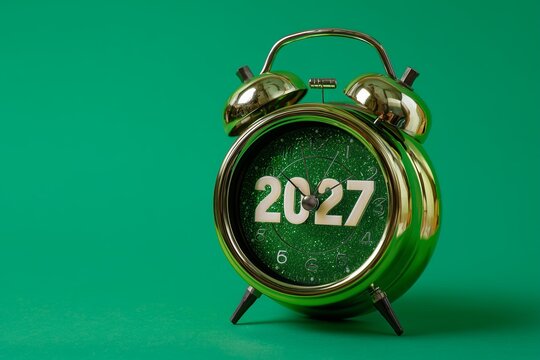 Green clock showing the year 2027 placed on a simple background for creative context