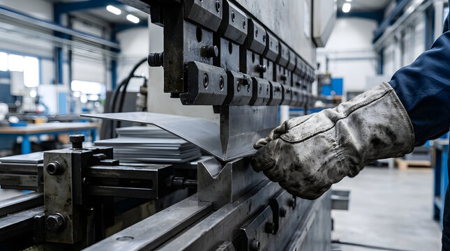 Industrial metalworker using hydraulic press brake to bend steel sheet in manufacturing factory workshop.