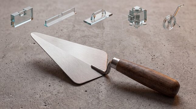 masonry trowel with wooden handle and concrete survey icons