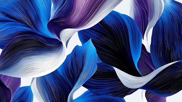 Abstract 3D rendering of flowing, ribbon-like petals with fine ribbed textures in deep blue, indigo, and violet shades on a light background. Vibrant organic shapes creating motion.