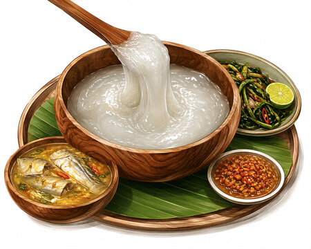 Illustration of traditional Indonesian papeda, a chewy sago porridge served with flavorful yellow fish soup.