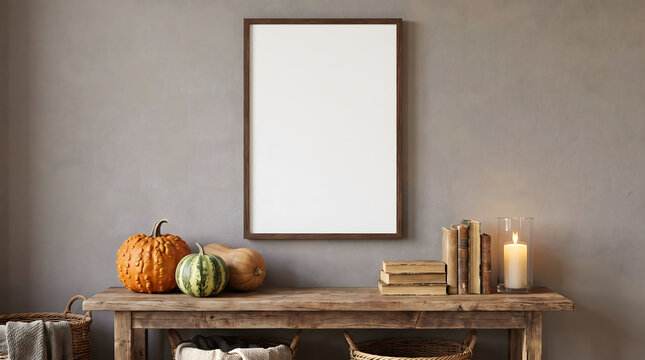 Blank vertical wooden picture frame mockup hanging on grey plaster wall above rustic console table styled with heirloom pumpkins, vintage books, and glowing pillar candle for cozy autumn Halloween int