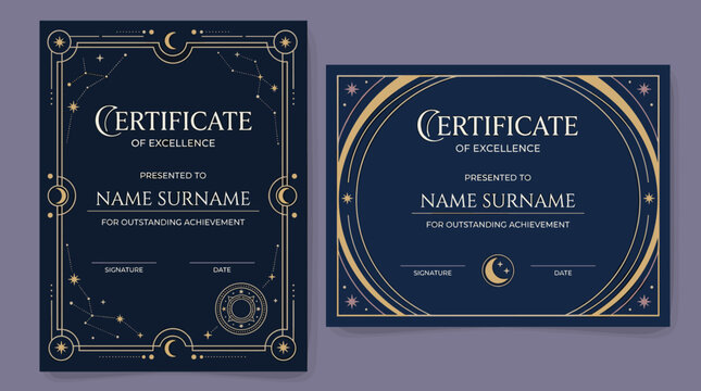 Elegant celestial achievement certificate templates with mystical golden astrology designs for outstanding recognition and distinguished awards