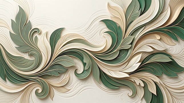 Abstract 3D relief background featured sage green and cream flowing floral leaf shapes with delicate line textures. Elegant organic curved botanical elements forming a modern banner graphic.