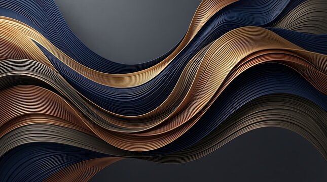 Abstract 3D render background featuring smooth flowing dynamic waves and twisted ribbon curves in metallic gold, deep navy blue, and dark grey tones with delicate fine line textures.
