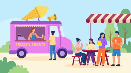 Naklejka premium Ice Cream Truck Serving Frozen Treats to People in a Park