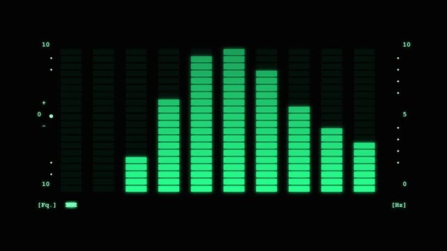 Green digital audio equalizer bars moving on black background motion graphics loop