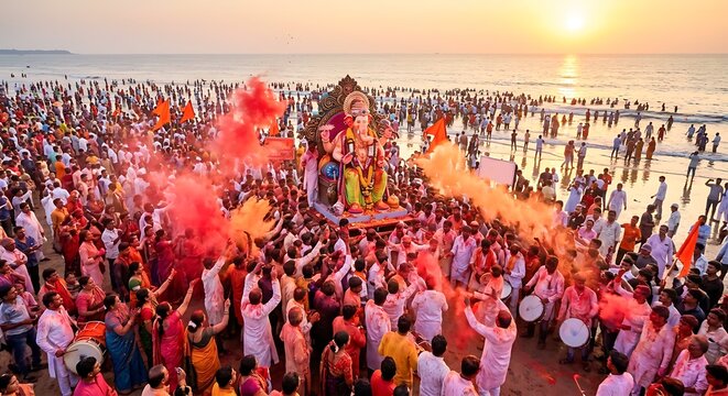 Crowd of Indian devotees celebrating Ganesh Chaturthi festival on beach at sunset carrying idol of Lord Ganesha for immersion ritual in