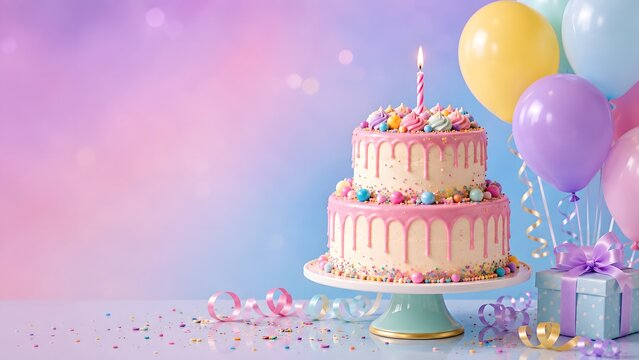 Pastel Birthday Cake with Colorful Balloons and Gift Boxes on Soft Pink and Blue Background, Festive Celebration Party Setup, Sweet Dessert, Birthday Decoration and Happy Occasion Concept