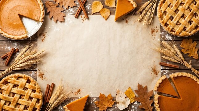 Thanksgiving holiday background with pumpkin pies autumn leaves and wheat stalks surrounding a blank parchment paper frame