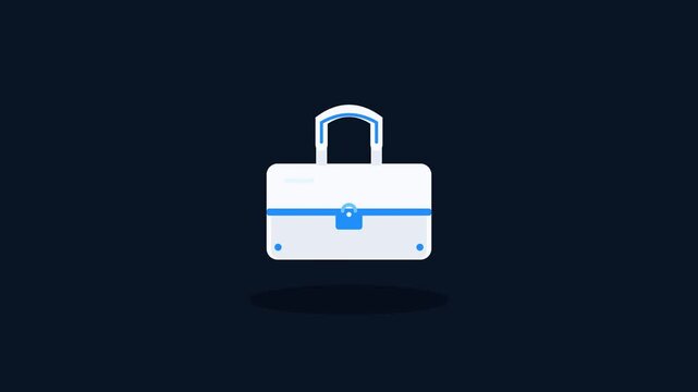 Minimalist blue and white briefcase or tool box icon illustration on dark background