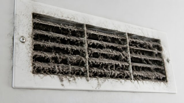 Dirty HVAC Air Vent Covered with Heavy Dust and Grime, Clogged Home Ventilation Grille Requiring Cleaning, Indoor Air Quality, Duct Maintenance, Allergy Prevention and Home Hygiene Concept