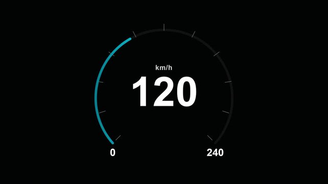 Digital car speedometer showing zero kilometers per hour motion graphics on black background loop.