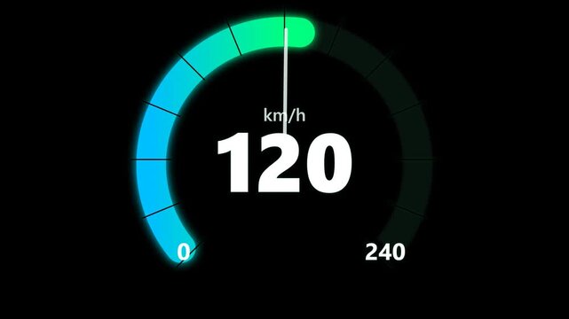 Futuristic HUD Digital Speedometer Accelerating 0-240 km/h Cyan Green Glowing