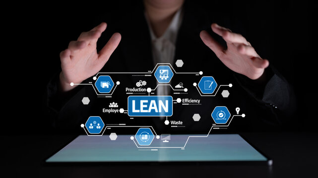 A professional person demonstrates lean management principles with hands raised over a digital screen, showing icons representing efficiency, waste reduction, and employee involvement. Tessel