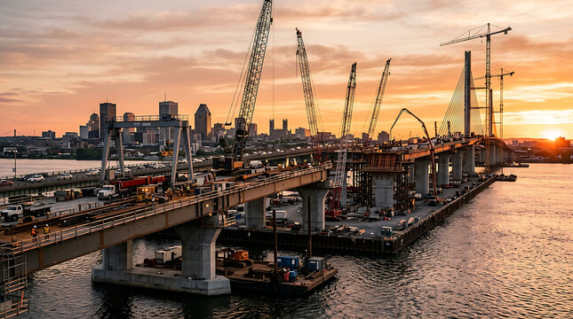 Industrial Port Construction at Sunset Over Water.
