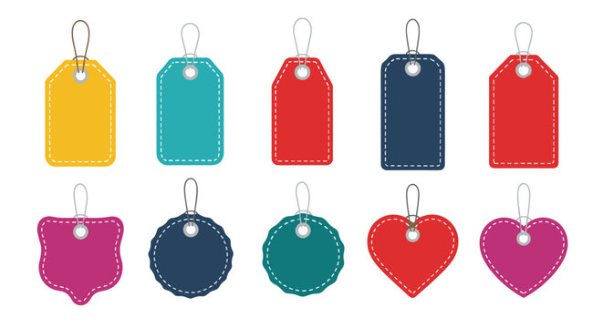Set of various price tags and gift labels comes in different shapes like rectangular, circular, and heart in many vibrant colors.