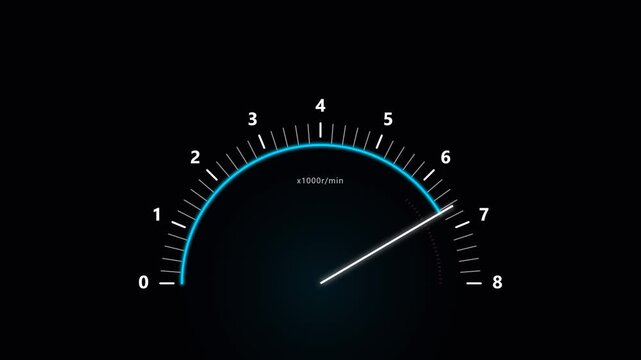 Digital tachometer motion graphics showing engine RPM increase on a black background loop.