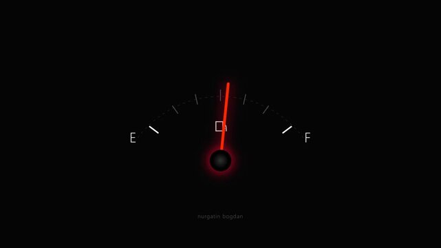 Motion graphics of a fuel gauge needle pointing to empty on a dark car dashboard background.