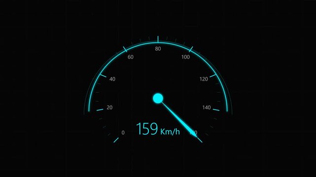 Futuristic neon blue car speedometer motion graphics showing acceleration on black background.