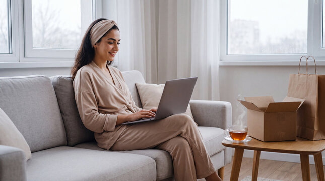 Middle Eastern woman in modest loungewear shopping Cyber Monday on laptop in calm modern living room.