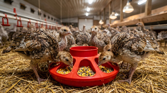Young turkey poults eating grain from a red circular feeder inside a commercial poultry barn with straw bedding and industrial lighting.