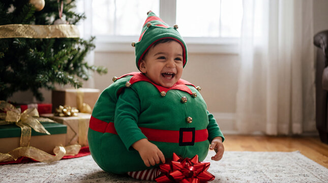 Mediterranean toddler in elf costume playing with gift bow near Christmas tree.