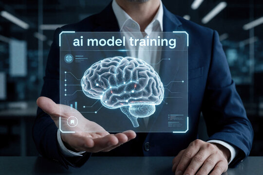 Businessman presents AI model training concept with holographic brain interface. Digital mind learning, data analysis, and future tech innovation displayed on screen.