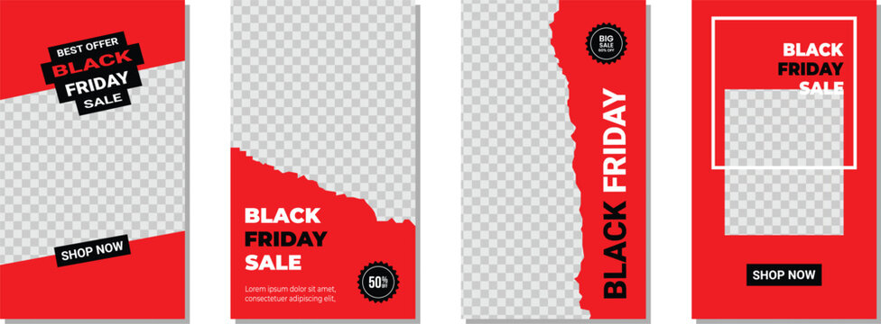 Set of Black Friday Sale Instagram Story Templates with Red and Black Torn Paper Design for Social Media Marketing Promotion and Advertising Banners, PNG.