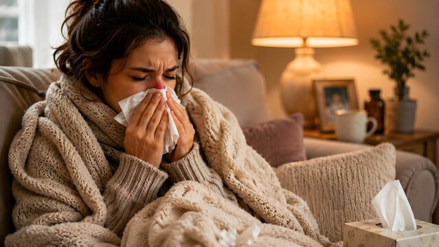 Sick Young Woman Blowing Nose with Tissue While Resting on Sofa Under Warm Blanket at Home, Common Cold, Flu, Fever, Seasonal Illness, Recovery and Home Healthcare Concept