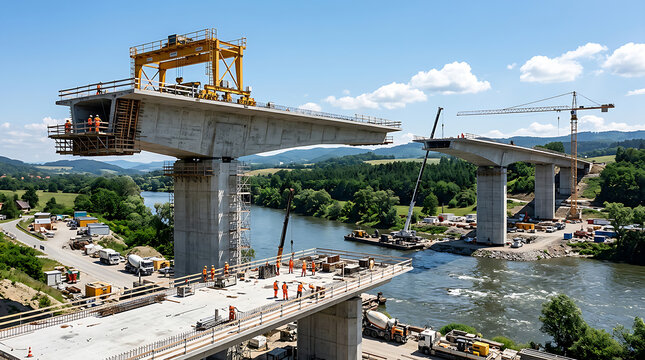 Modern bridge construction over river with cranes and workers.