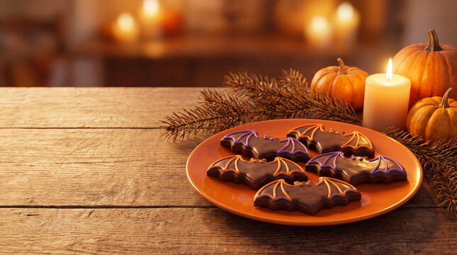 Halloween bat shaped frosted cookies on orange plate with warm light, festive autumn treat.