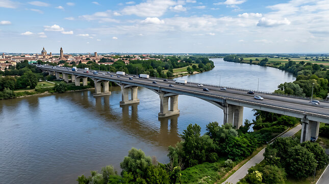 Modern bridge spanning a wide river in a city.