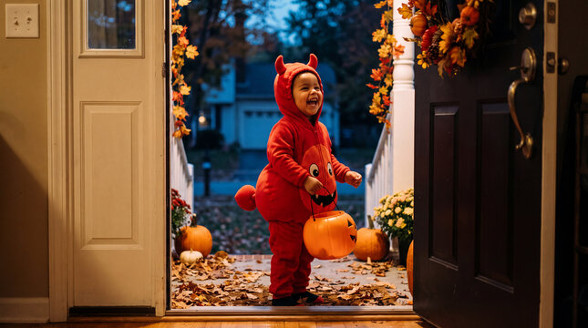 Latina toddler in cute devil costume with pumpkin bucket trick or treating at Halloween door.