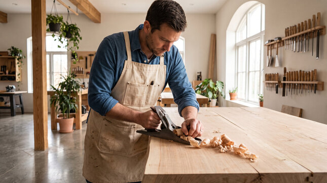 Professional male carpenter using hand plane tool on large wooden slab in bright woodworking shop