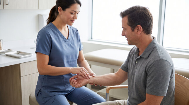 Female nurse in blue scrubs checking pulse on wrist of smiling male patient in bright clinic room