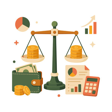 Financial balance illustration with scales, coins, wallet, calculator and report for budgeting and accounting concepts