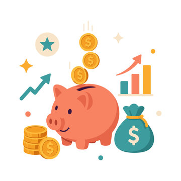 Piggy bank savings illustration with coins, money bag and rising charts for financial goals and wealth building