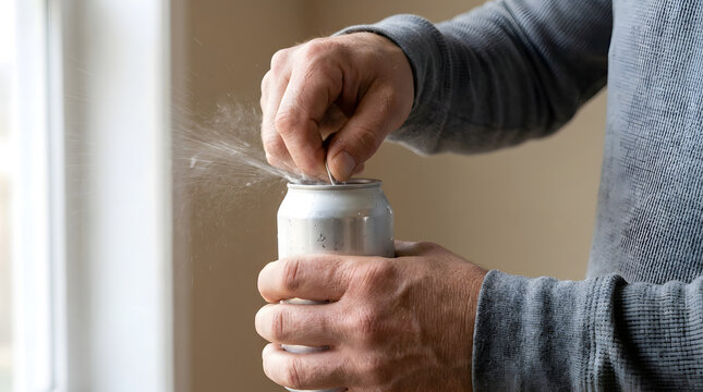 Close-up of man's hands opening a generic silver aluminum soda can with visible carbonated spray and fizz, capturing a refreshing beverage moment in a bright indoor setting.