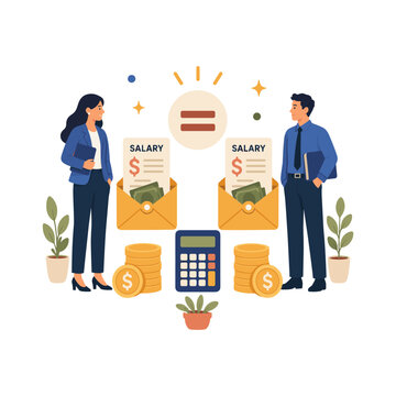 Equal pay illustration with employees, salary documents, coins and calculator for compensation review and wage equality