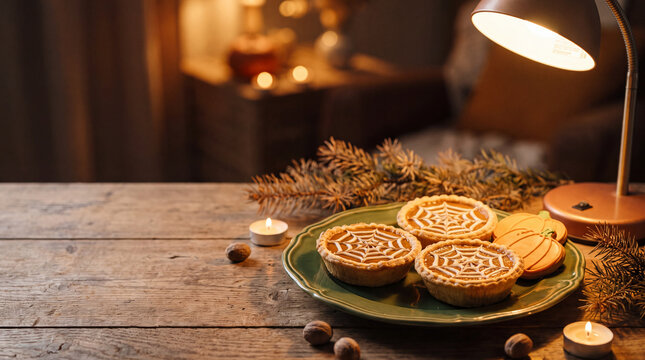Halloween mini pumpkin pies with spiderweb icing on vintage plate, cozy seasonal treat.