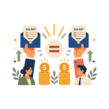 Pay equity illustration comparing employee salaries with equal compensation documents for workplace fairness and wage equality