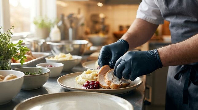 Professional chef wearing black gloves preparing roasted turkey dinner with mashed potatoes and cranberry sauce on a kitchen plate