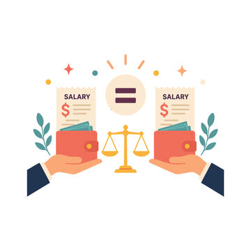 Equal pay illustration with salary documents, balanced scales and hands representing fair compensation and workplace equality