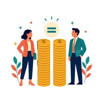 Equal pay illustration with male and female employees beside matching coin stacks for salary parity and fair wages