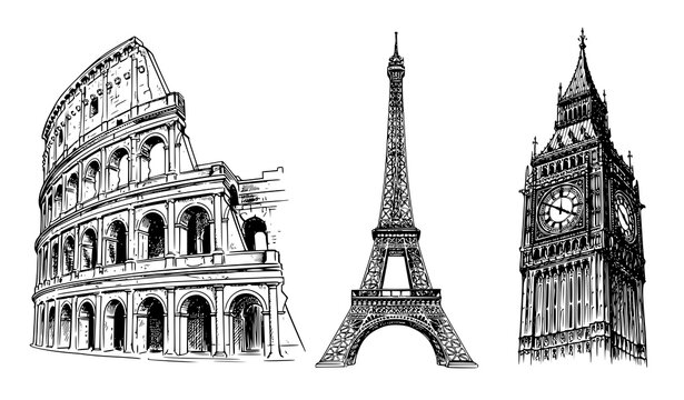 European Landmarks Colosseum Eiffel Tower Big Ben Hand Drawn Vector Sketch