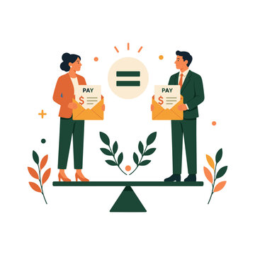 Equal pay illustration with two workers holding pay slips on a balanced scale for salary fairness and compensation equality