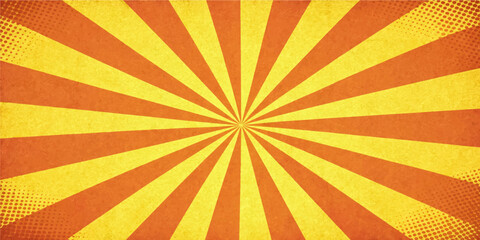 Obraz premium Vintage yellow orange sunburst starburst radial rays comic halftone grunge background template vector illustration design